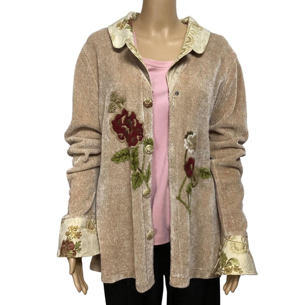 Soft Surroundings Tan Chenille Floral Embroidered Cardigan Sweater Size L
